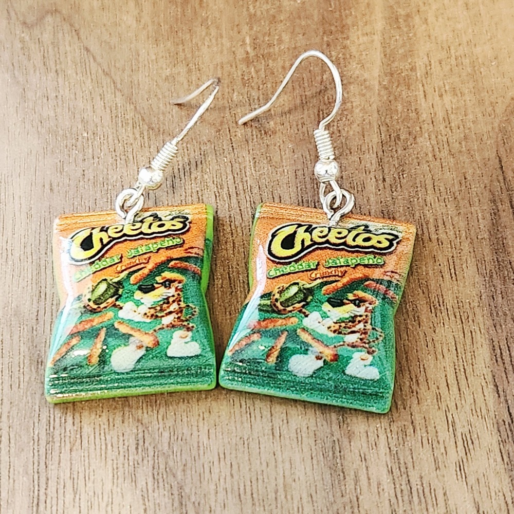 Handmade Chip Cheddar Jalapeno Snack Bag Dangle Earrings Green Food Jewelry 1.5"